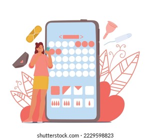 Women Health, Menstrual Cycle Concept. Young Female Character Use Digital Calendar for Control Periods on Mobile Phone Application, Menstrual and Ovulation App. Cartoon People Vector Illustration