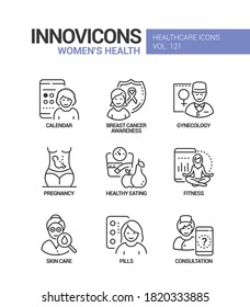 Women health - vector line design style icons set. Healthcare mobile app for girls. Calendar, breast cancer awareness, gynecology, pregnancy, healthy eating, fitness, skin care, pills, consultation