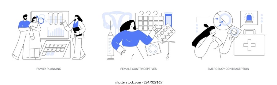 Conjunto de ilustraciones vectoriales del concepto abstracto de la salud de las mujeres. Planificación familiar, anticonceptivos femeninos, anticonceptivos de emergencia, salud reproductiva, fertilidad y control de embarazos metáfora abstracta.