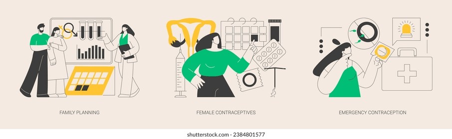 Women healthcare abstract concept vector illustration set. Family planning, female contraceptives, emergency contraception, reproductive health, fertility and pregnancy control abstract metaphor.