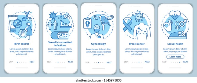 Women Healthcare Onboarding Mobile App Page Screen Vector Template. Birth Control, Breast Cancer, Sexual Health. Walkthrough Website Steps With Linear Icons. UX, UI, GUI Turquoise Smartphone Interface