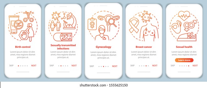 Women Healthcare Red Onboarding Mobile App Page Screen Vector Template. Birth Control, Breast Cancer, Sexual Health. Walkthrough Website Steps With Linear Icons. UX, UI, GUI Smartphone Interface