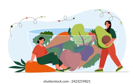 Mujeres con el concepto de alimentación saludable. Muchachas cerca del bol con ensalada. Productos naturales y orgánicos con vitaminas, verduras. Nutrición y dieta adecuadas. Dibujo vectorial plano de dibujos animados