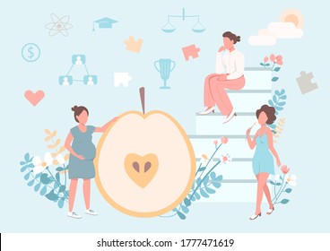 Women healthy lifestyle flat concept vector illustration. Nutrient diet. Pregnant girl. Equality and empowerment. Female 2D cartoon characters for web design. Woman healthcare creative idea