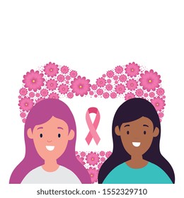 women in heart shape frame of flowers vector illustration design