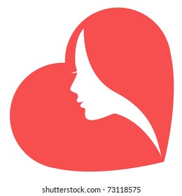 Women in heart  / The stylized image of a white female silhouette in red heart. Isolated on a white background.