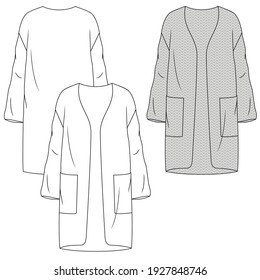 Women Heavy Knit Long Cardigan fashion flat sketch template. Technical Fashion Illustration. Open Front with Large Pockets