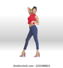 Women in heels posing. Jeans and red top dress exhibit. Faceless Fashion model. Dummy figure style display. Character vector illustration.