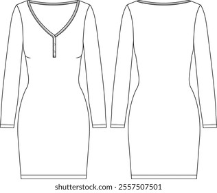 Women henley dress, wide V-neck, long sleeves, short length, sketch front and back vectors