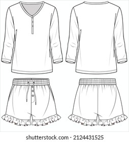 WOMEN HENLEY LONG SLEEVES TOP AND FRILL SHORTS NIGHTWEAR SET IN EDITABLE VECTOR FILE