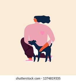 Women and her dog in a park illustration in vector. Friendship poster or card.