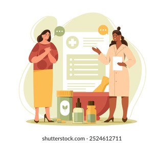 Mujeres con medicina herbaria. Niñas jóvenes preparando medicina a partir de hierbas naturales. Atención sanitaria y tratamiento. Suplemento orgánico verde. Ilustración vectorial plana aislada sobre fondo blanco