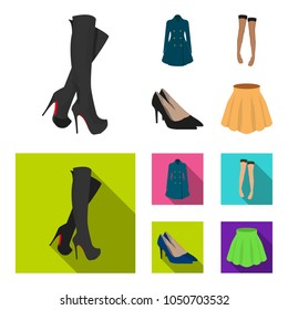 Women high boots, coats on buttons, stockings with a rubber band with a pattern, high heeled shoes. Women clothing set collection icons in cartoon,flat style vector symbol stock illustration web.