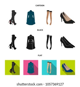 Women high boots, coats on buttons, stockings with a rubber band with a pattern, high-heeled shoes. Women clothing set collection icons in cartoon,black,flat style vector symbol stock illustration web