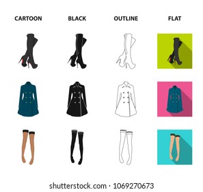 Women high boots, coats on buttons, stockings with a rubber band with a pattern, high heeled shoes. Women clothing set collection icons in cartoon,black,outline,flat style vector symbol stock