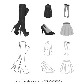 Women high boots, coats on buttons, stockings with a rubber band with a pattern, high-heeled shoes. Women clothing set collection icons in outline,monochrome style vector symbol stock illustration web