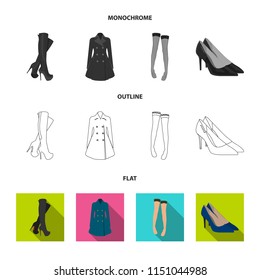 Women high boots, coats on buttons, stockings with a rubber band with a pattern, high-heeled shoes. Women clothing set collection icons in flat,outline,monochrome style vector symbol stock