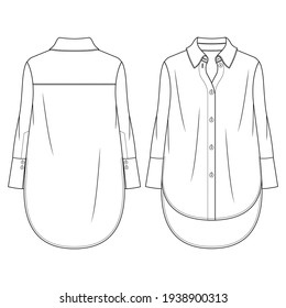 Women High Low Blouse flat fashion sketch template. Technical Fashion Illustration. Wide Sleeves Cuffs