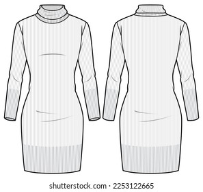 Women high neck bandage column knit dress design flat sketch fashion illustration with front and back view, long sleeve turtle neck bodycon dress drawing vector template