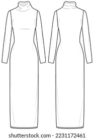 Women high neck column knit dress design flat sketch fashion illustration with front and back view, long sleeve turtle neck dress drawing vector template