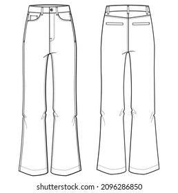 women high rise boot cut cropped jeans front and back view template fashion flat sketch vector illustration