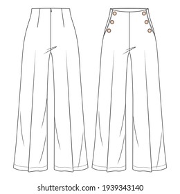 Women High Waist Sailor Pant Vector Fashion Flat Sketches. Fashion Technical Illustration Template. Flare Wide legs. Button detail