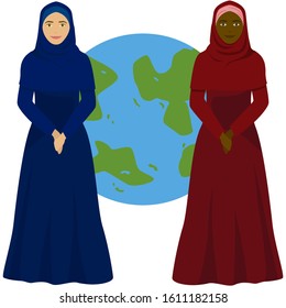 Women in hijab against the background of the planet, vector