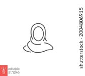 Women hijab icon, saudi arab, lady, cover female, islam. Beautiful muslim girl avatar. head scarf Eastern Women's Clothing logo. editable stroke Vector illustration. Design on white background. EPS 10