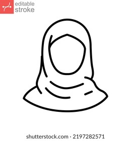 Women hijab icon, saudi arab, lady, female, islam. Beautiful muslim girl avatar. head scarf Eastern Women's Clothing logo. editable stroke. Vector illustration. Design on white background. EPS 10