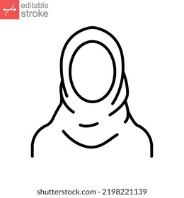 Women hijab icon, saudi arab, lady, female, islam. Beautiful muslim girl avatar. head scarf Eastern Women's Clothing logo. editable stroke. Vector illustration. Design on white background. EPS 10