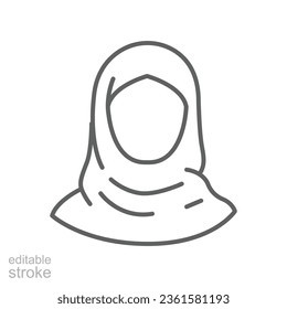 Women hijab icon, saudi arab, lady, female, islam. Beautiful muslim girl avatar. head scarf Eastern Women's Clothing logo. editable stroke. Vector illustration. Design on white background. EPS 10