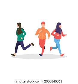 Women hijab Muslims run, walk jogging, and do sports activities. Vector Illustration woman hijab workout to health and lifestyle.