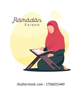 Women With Hijab Reading Quran Vector Illustration. Happy Eid Mubarak And Ramadan Concept