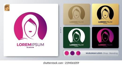 women and hijab vector illustration Logo design. Blank name for insert your Branding. Designed with examples for all kinds of applications. You can used for company, indentity, fashion muslim lady.