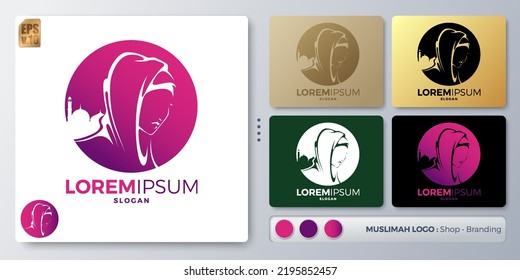 women and hijab vector illustration Logo design. Blank name for insert your Branding. Designed with examples for all kinds of applications. You can used for company, indentity, fashion muslim lady.