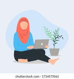 Women with hijab working at home office. Character Sitting at floor. Online education or work from home concept. Vector illustration.