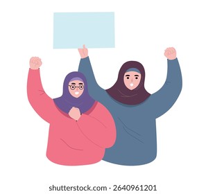 Women in hijabs claim their rights. Muslim women at a demonstration. Vector flat graphics.