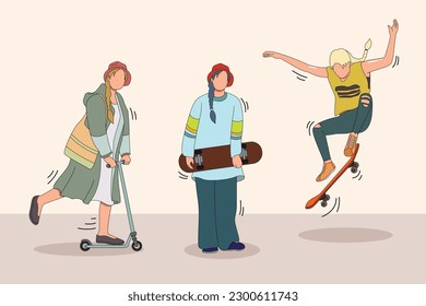 Women hip hop break dance, lady activity characters cartoon ,Trendy one line draw design vector illustration