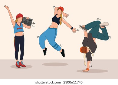 Women hip hop break dance, lady activity characters cartoon ,Trendy one line draw design vector illustration