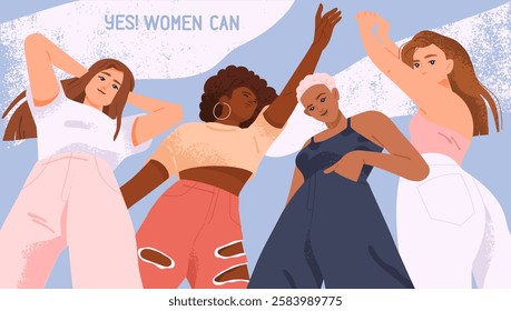 Women History Month banner. Pastel poster with group of multiracial girls posing for photo. Feminism, sisterhood and gender equality. Design for spring holiday celebration. Flat vector illustration