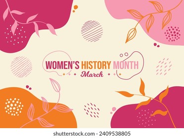 Women History Month Boho Art Style Background. Women’s History Month March Awareness Celebration Banner Vector Illustration. Modern Trendy color palette. Website header, social media post, promotion