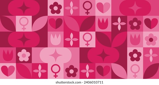 Women History Month Geometric Seamless Pattern Background. Women’s History Month March Awareness Celebration. Abstract modern design. Social media post. Horizontal website header banner vector 