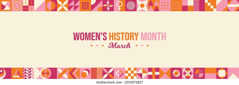 Women History Month Neo Geometric Pattern Background. Women’s History Month March Awareness Celebration. Horizontal website header banner vector illustration. Abstract modern design. Social media post