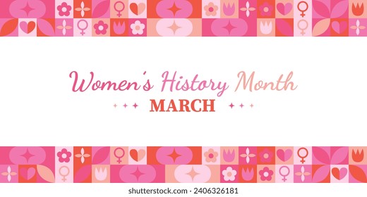 Women History Month Neo Geometric Pattern Background. Women’s History Month March Awareness Celebration. Abstract modern design. Social media post. Horizontal website header banner vector illustration