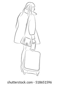 Women hold baggage. black and white, hand-drawing..