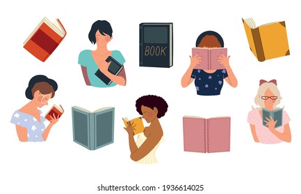 women hold a book in their hands, reading concept vector illustration