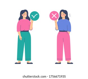 Women hold circles with accept and reject marks. Yes and No concept. Vector illustration