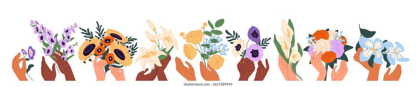 Women hold flower bouquets set. Banner with row of female hands with wildflowers, posies of bloom meadow plants, bunches of floral decor, gifts. Flat isolated vector illustration on white background