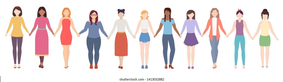 Women hold hands. Girls of different nationalities stand in a row and hold each other’s hands. Isolated vector illustration