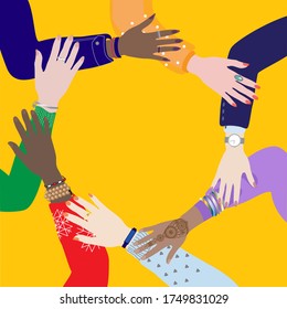 Women hold hands together supporting each other, top view. Female international, multi ethnic group, team, cultural diversity. Sisterhood, feminism, solidarity. Space for text. Flat vector poster